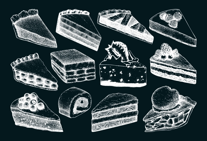Hand-drawn cake slices illustration isolated on chalkboard. Vector desserts sketches in engraved style for bakery, cafe menu, confectionery.